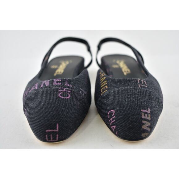 Chanel 22P Mademoiselle Coco Sling Black Grey Denim Slingback Ballet Flat 37 - Picture 7 of 12